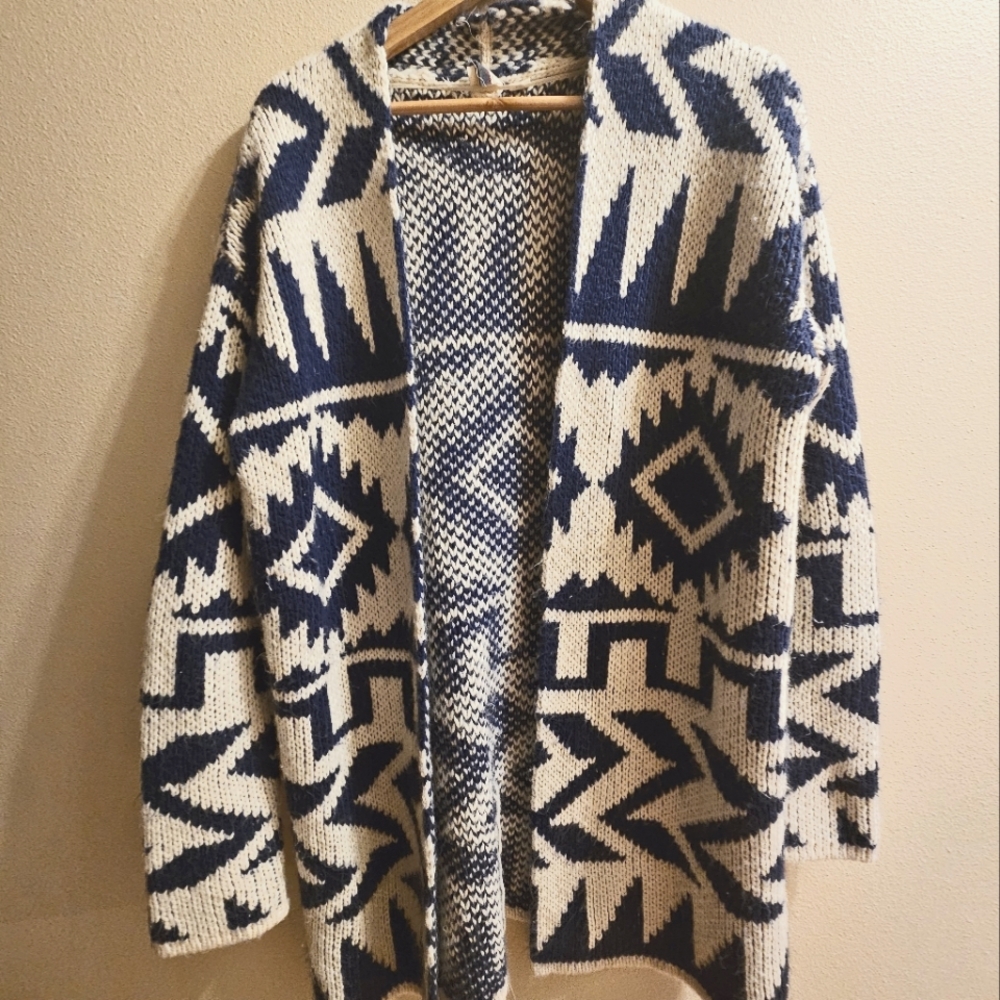 ROXY | Blue White Aztec Open Sweater Cardigan women’s Lg